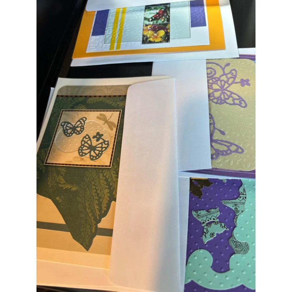 10 Handmade Butterfly Greeting Card Set Embossed Gold Foil Dragonfly Mixed Media